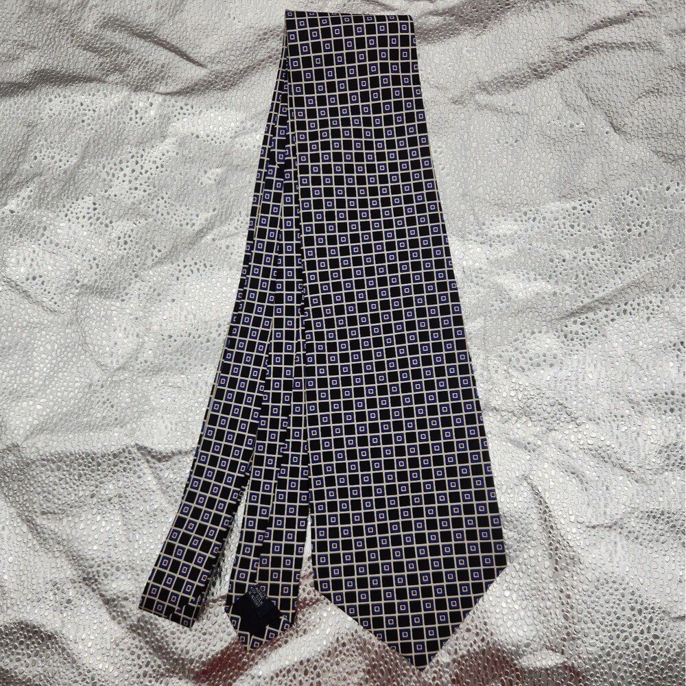 Tie Polo Ralph Lauren Blue Geometric White Blue Square Silk Necktie USA VTG